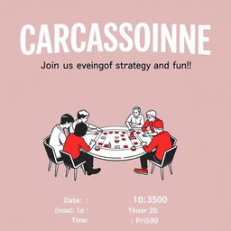 A retro cartoon minimalism style poster invitation for a board game event featuring the game "Carcassonne"