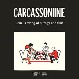 A retro cartoon minimalism style poster invitation for a board game event featuring the game "Carcassonne"