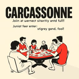 A retro cartoon minimalism style poster invitation for a board game event featuring the game "Carcassonne"