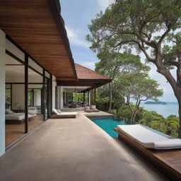 A small modern beach house radiating Thai vibes, with its traditional Thai architecture blended with modern elements, offering views of the stunning Andaman Sea.