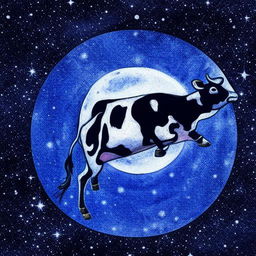 An enchanting depiction of a cheerful cow leaping over a luminous full moon in a star-filled celestial backdrop.