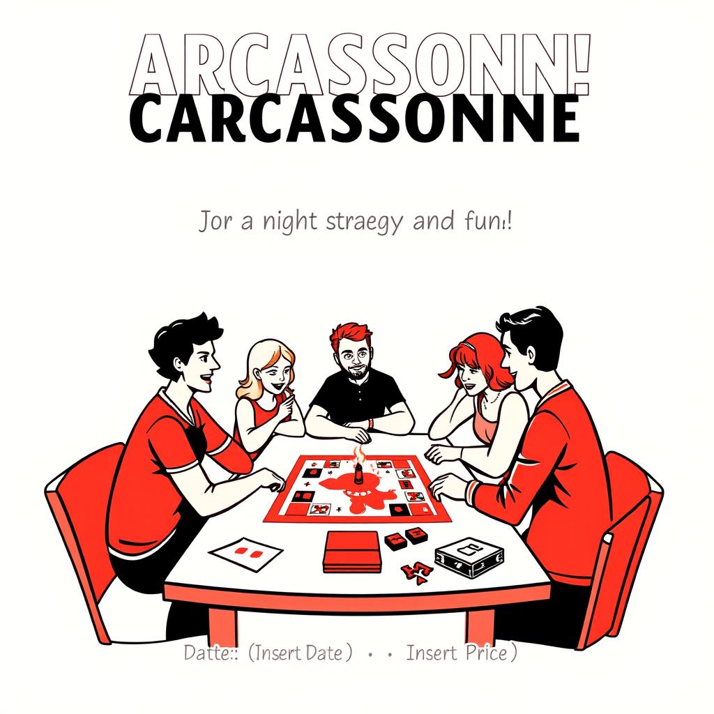 A vertical A4 poster invitation for a board game event featuring the popular game "Carcassonne"