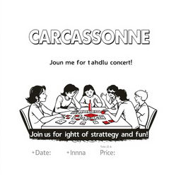 A vertical A4 poster invitation for a board game event featuring the popular game "Carcassonne"