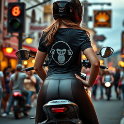 A beautiful motorcycle rider girl with delicate skin and intricate details, positioned at a stop light on her motorcycle with her hands confidently resting on her hips