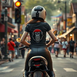 A beautiful motorcycle rider girl with delicate skin and intricate details, positioned at a stop light on her motorcycle with her hands confidently resting on her hips