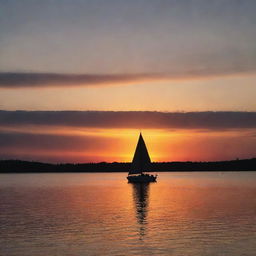 A vibrant sunset over a serene lake with a silhouette of a lonely sailboat