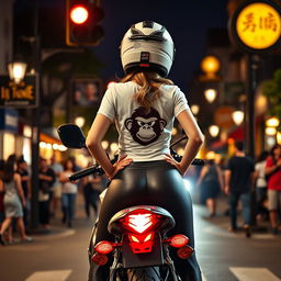 A beautiful motorcycle rider girl with delicate skin and intricate details, positioned at a stop light on her motorcycle with her hands confidently resting on her hips