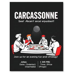 A vertical A4 poster invitation for a board game event featuring the game "Carcassonne"