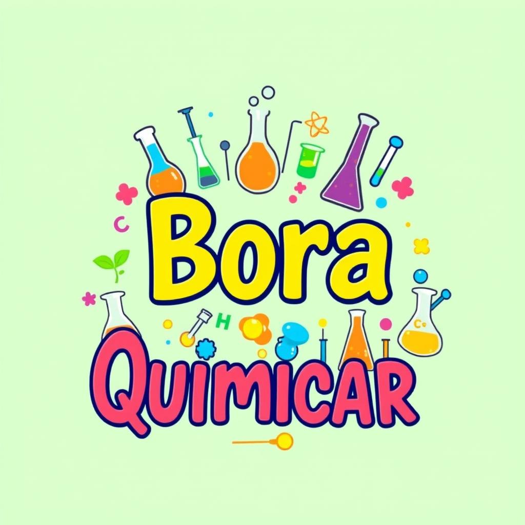 A vibrant and creative design for a school project t-shirt titled 'Bora Quimicar', featuring colorful chemical elements and symbols integrated into the text