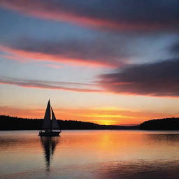 A vibrant sunset over a serene lake with a silhouette of a lonely sailboat