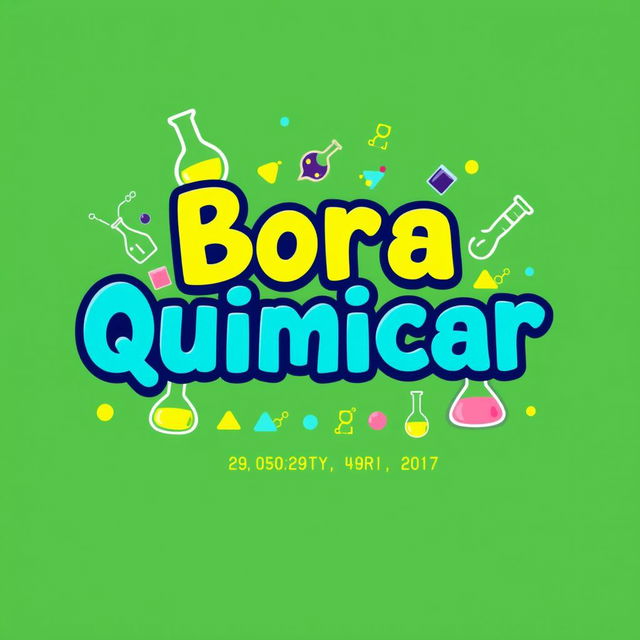 A creative and eye-catching t-shirt design for a project named 'Bora Quimicar', featuring bright and colorful chemical symbols and elements prominently displayed