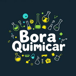 A creative and eye-catching t-shirt design for a project named 'Bora Quimicar', featuring bright and colorful chemical symbols and elements prominently displayed