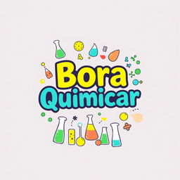 A creative and eye-catching t-shirt design for a project named 'Bora Quimicar', featuring bright and colorful chemical symbols and elements prominently displayed