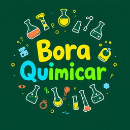 A creative and eye-catching t-shirt design for a project named 'Bora Quimicar', featuring bright and colorful chemical symbols and elements prominently displayed