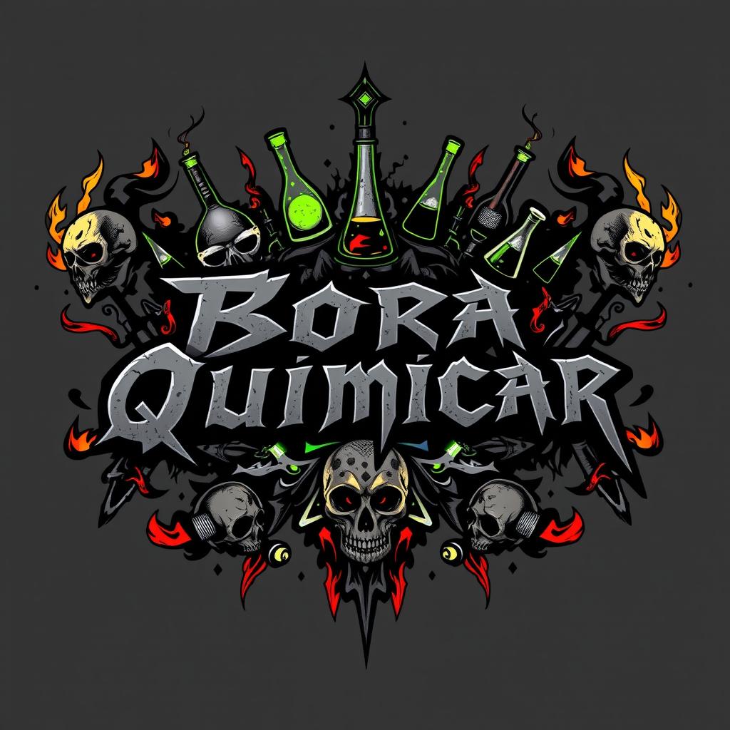 A striking and edgy t-shirt design for a metal band named 'Bora Quimicar', incorporating dark and intense visual elements