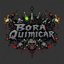 A striking and edgy t-shirt design for a metal band named 'Bora Quimicar', incorporating dark and intense visual elements