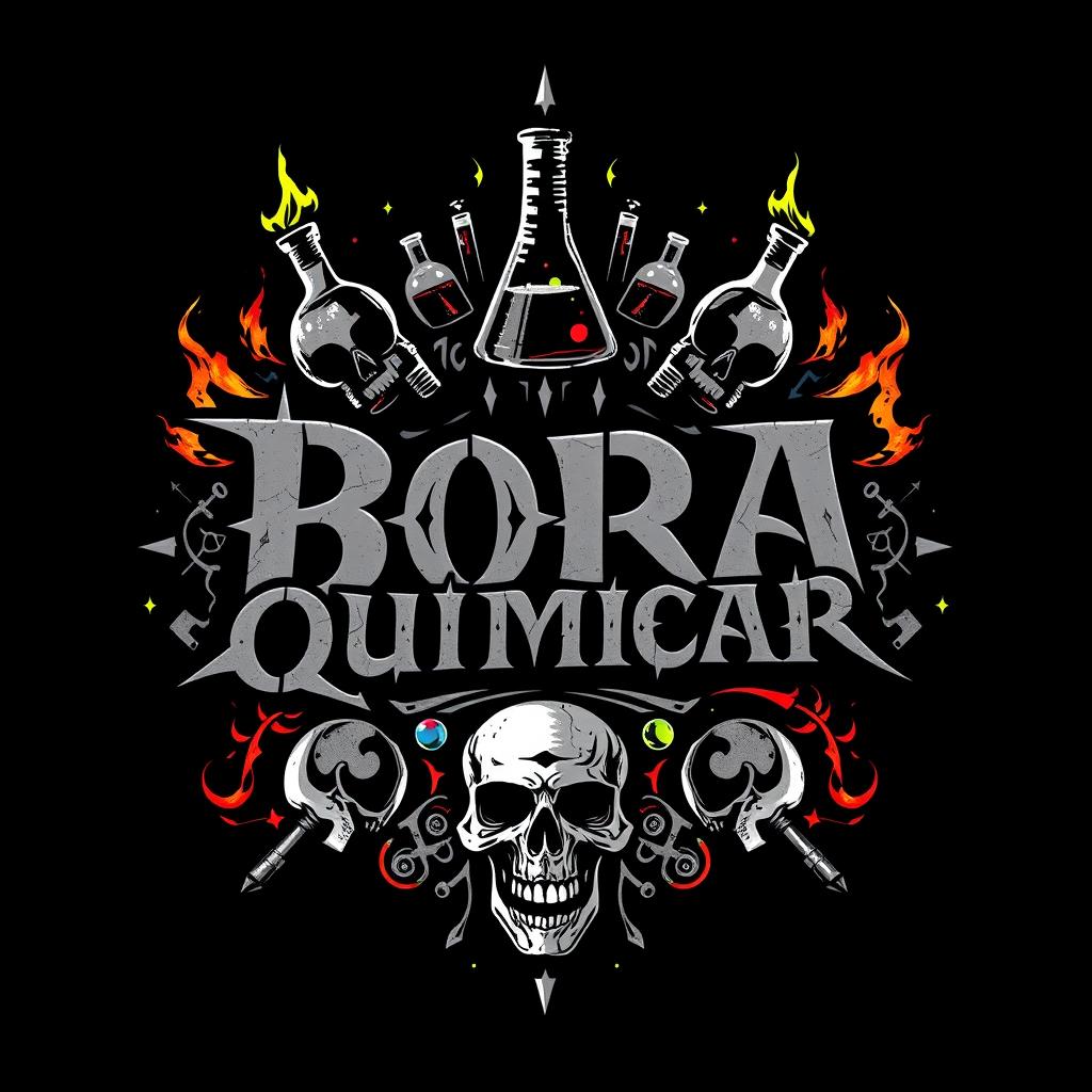 A striking and edgy t-shirt design for a metal band named 'Bora Quimicar', incorporating dark and intense visual elements