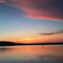 A vibrant sunset over a serene lake with a silhouette of a lonely sailboat