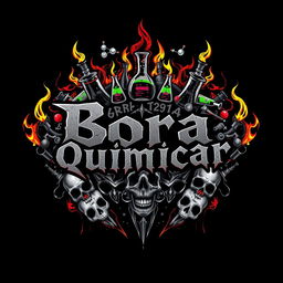 A striking and edgy t-shirt design for a metal band named 'Bora Quimicar', incorporating dark and intense visual elements