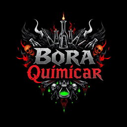 A striking and edgy t-shirt design for a metal band named 'Bora Quimicar', incorporating dark and intense visual elements