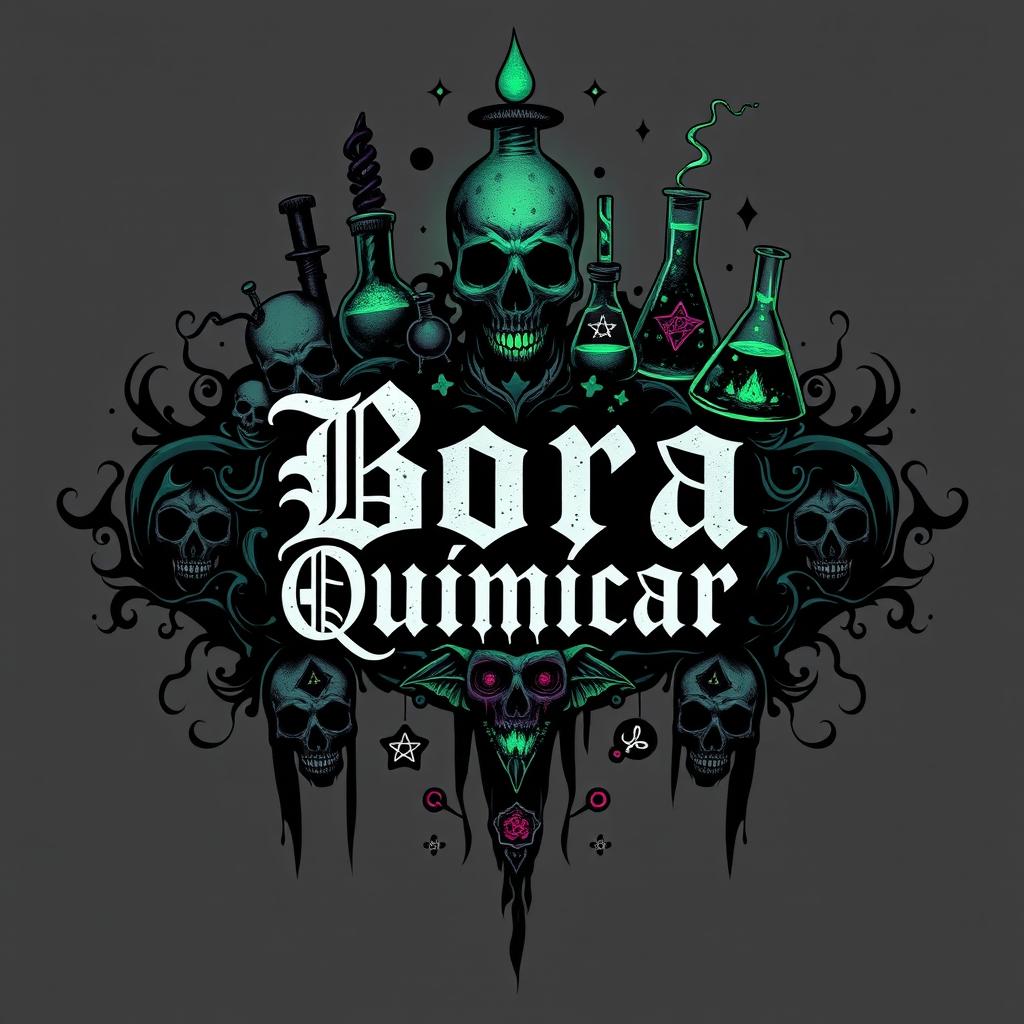 A dark and edgy t-shirt design for a chemistry-themed group named 'Bora Quimicar', featuring gothic and ominous elements