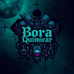 A dark and edgy t-shirt design for a chemistry-themed group named 'Bora Quimicar', featuring gothic and ominous elements