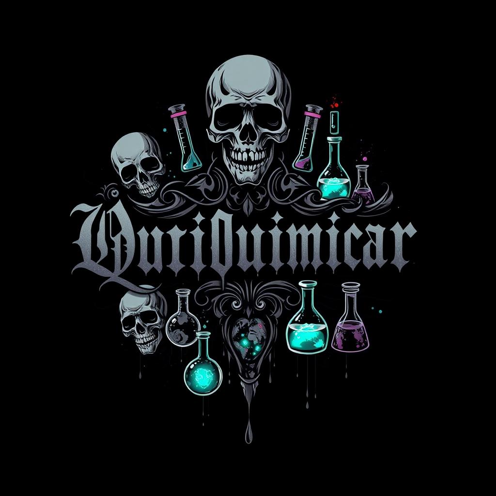 A dark and edgy t-shirt design for a chemistry-themed group named 'Bora Quimicar', featuring gothic and ominous elements