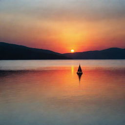 A vibrant sunset over a serene lake with a silhouette of a lonely sailboat