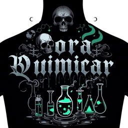 A dark and edgy t-shirt design for a chemistry-themed group named 'Bora Quimicar', featuring gothic and ominous elements