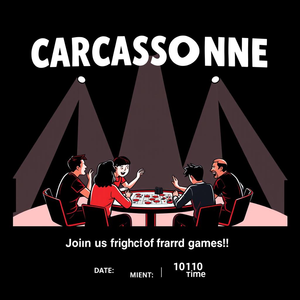 A vertical A4 poster designed as a concert invitation for a board game event featuring the title "CARCASSONNE" prominently at the top in large, bold letters