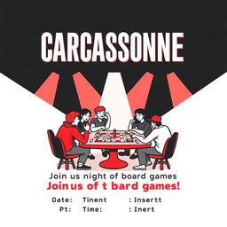 A vertical A4 poster designed as a concert invitation for a board game event featuring the title "CARCASSONNE" prominently at the top in large, bold letters