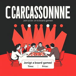 A vertical A4 poster designed as a concert invitation for a board game event featuring the title "CARCASSONNE" prominently at the top in large, bold letters