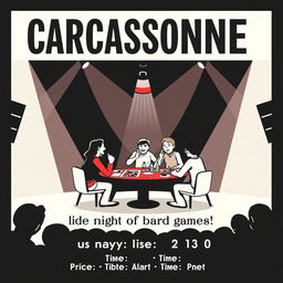 A vertical A4 poster designed as a concert invitation for a board game event featuring the title "CARCASSONNE" prominently at the top in large, bold letters