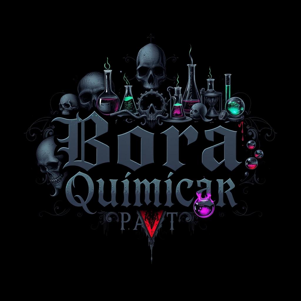 A dark and captivating t-shirt design for a chemistry group named 'Bora Quimicar'