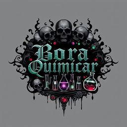 A dark and captivating t-shirt design for a chemistry group named 'Bora Quimicar'