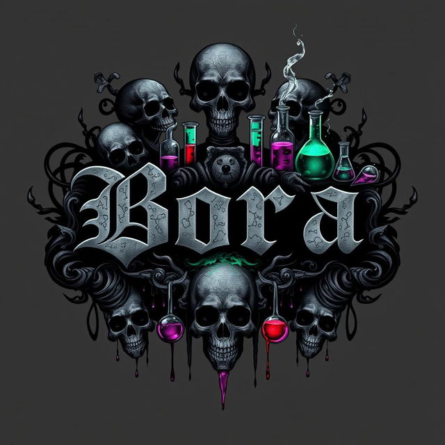 A dark and captivating t-shirt design for a chemistry group named 'Bora Quimicar'