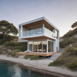 A small modern beach house featuring innovative design elements, with sleek lines, cutting-edge technology, and eco-friendly materials, harmoniously blended with the coastal scenery.