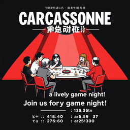 A vertical A4 poster designed as a concert invitation for a board game event, featuring the title "CARCASSONNE ИГРОТЕКА" prominently at the top in large, bold letters