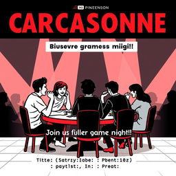 A vertical A4 poster designed as a concert invitation for a board game event, featuring the title "CARCASSONNE ИГРОТЕКА" prominently at the top in large, bold letters