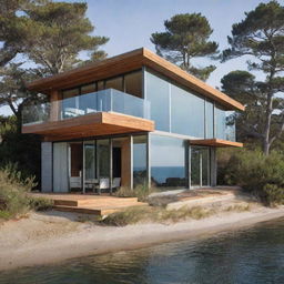 A small modern beach house featuring innovative design elements, with sleek lines, cutting-edge technology, and eco-friendly materials, harmoniously blended with the coastal scenery.