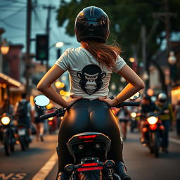 A beautiful motorcycle rider girl with delicate skin and intricate details, positioned at a stop light on her motorcycle with her hands confidently resting on her hips