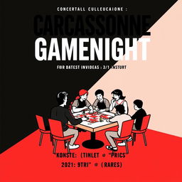 A vertical A4 poster designed as a concert invitation for a board game event titled "CARCASSONNE GAMENIGHT" displayed prominently at the top in large, bold letters