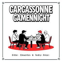 A vertical A4 poster designed as a concert invitation for a board game event titled "CARCASSONNE GAMENIGHT" displayed prominently at the top in large, bold letters