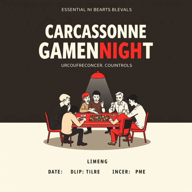 A vertical A4 poster designed as a concert invitation for a board game event titled "CARCASSONNE GAMENIGHT" displayed prominently at the top in large, bold letters