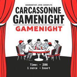 A vertical A4 poster designed as a concert invitation for a board game event titled "CARCASSONNE GAMENIGHT" displayed prominently at the top in large, bold letters