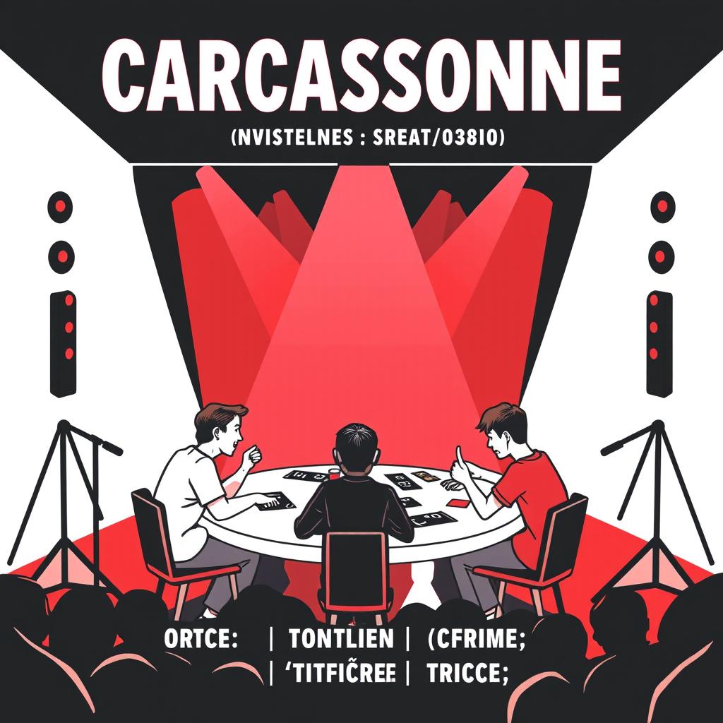 A vertical A4 poster designed as a concert invitation for a board game event titled "CARCASSONNE" displayed prominently at the top in large, bold letters