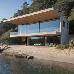 A small modern beach house featuring innovative design elements, with sleek lines, cutting-edge technology, and eco-friendly materials, harmoniously blended with the coastal scenery.