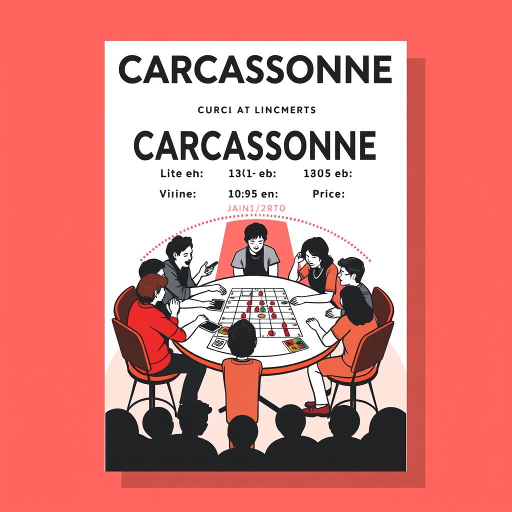 A vertical A4 poster designed as a concert invitation for a board game event titled "CARCASSONNE" displayed prominently at the top in large, bold letters