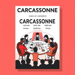 A vertical A4 poster designed as a concert invitation for a board game event titled "CARCASSONNE" displayed prominently at the top in large, bold letters