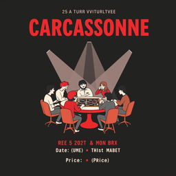 A vertical A4 poster designed as a concert invitation for a board game event titled "CARCASSONNE" displayed prominently at the top in large, bold letters